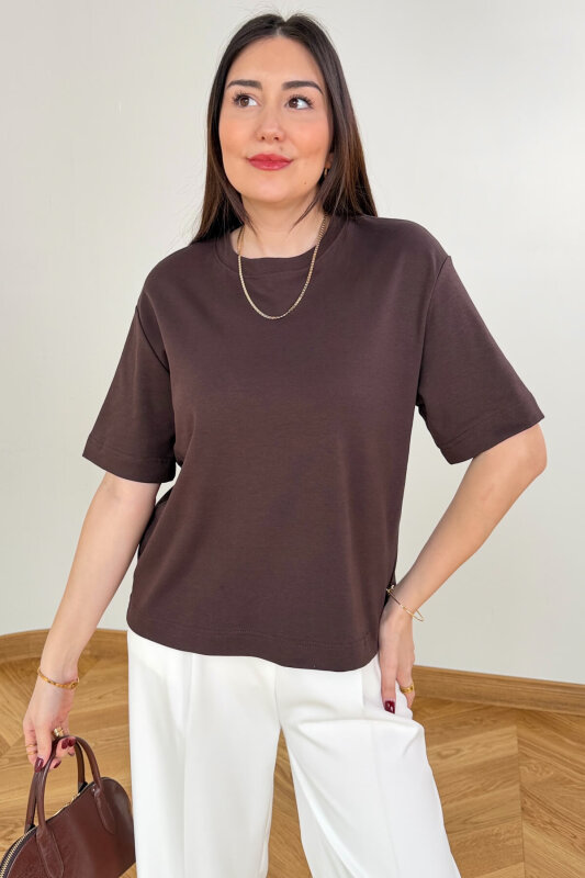 TSR-6597 Kahverengi Basic Premium Organik Pamuk Bisiklet Yaka Tişört - 2