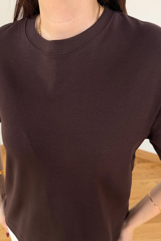 TSR-6597 Kahverengi Basic Premium Organik Pamuk Bisiklet Yaka Tişört - 5