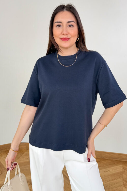 TSR-6597 Lacivert Basic Premium Organik Pamuk Bisiklet Yaka Tişört - 3