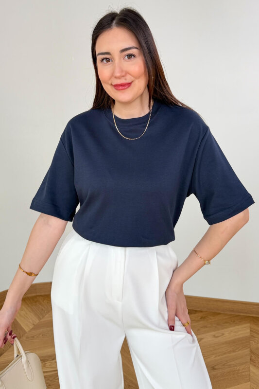 TSR-6597 Lacivert Basic Premium Organik Pamuk Bisiklet Yaka Tişört - 5