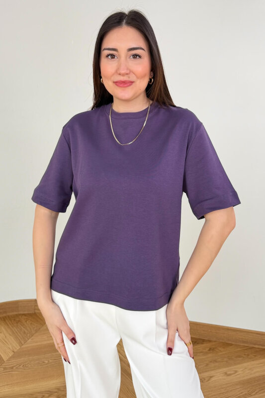 TSR-6597 Mor Basic Premium Organik Pamuk Bisiklet Yaka Tişört - 1