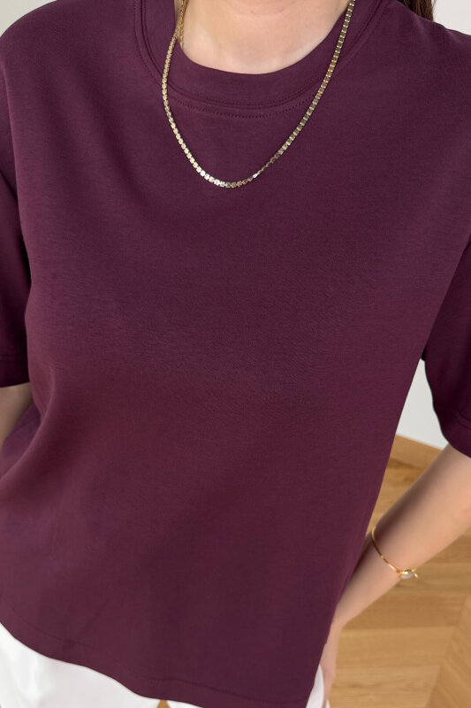 TSR-6597 Mürdüm Basic Premium Organik Pamuk Bisiklet Yaka Tişört - 3