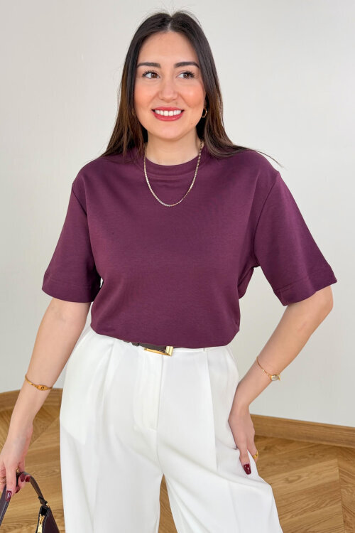 TSR-6597 Mürdüm Basic Premium Organik Pamuk Bisiklet Yaka Tişört - 5