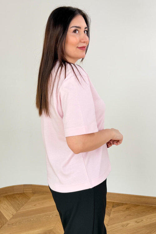 TSR-6597 Toz Pembe Basic Premium Organik Pamuk Bisiklet Yaka Tişört - 3