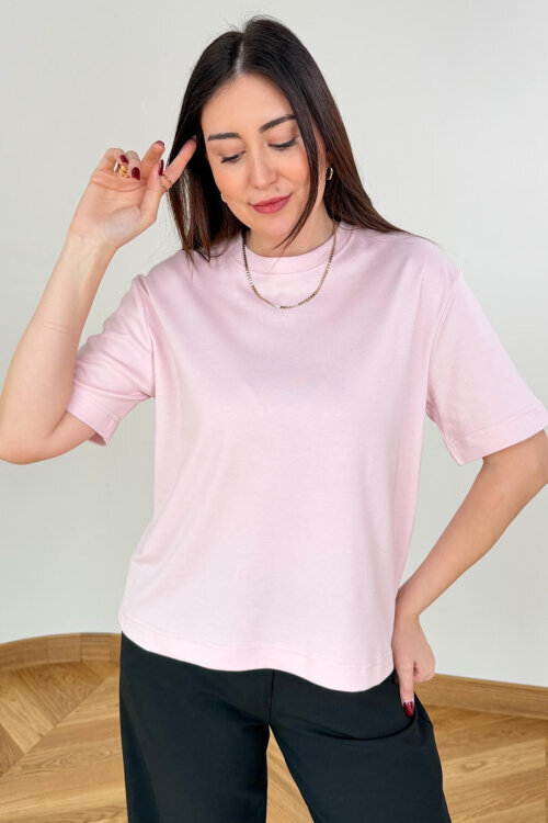 TSR-6597 Toz Pembe Basic Premium Organik Pamuk Bisiklet Yaka Tişört - 2