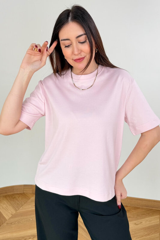 TSR-6597 Toz Pembe Basic Premium Organik Pamuk Bisiklet Yaka Tişört - 2