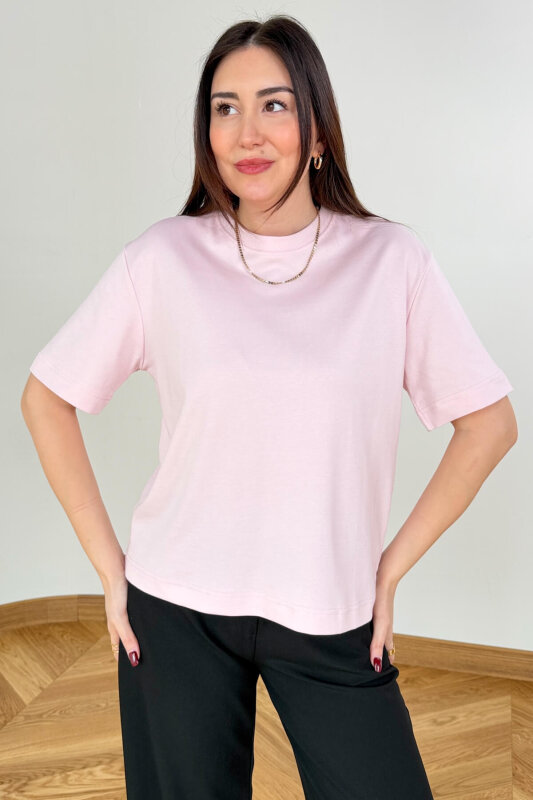 TSR-6597 Toz Pembe Basic Premium Organik Pamuk Bisiklet Yaka Tişört - 4