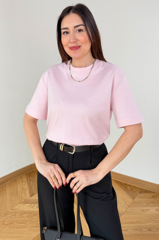 TSR-6597 Toz Pembe Basic Premium Organik Pamuk Bisiklet Yaka Tişört - 1