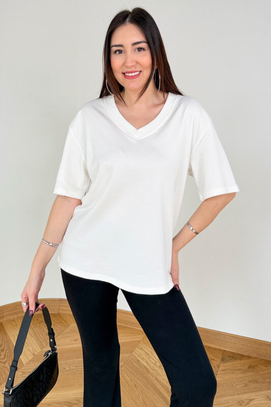 TSR-6598 Ekru V Yaka Basic Premium Organik Pamuk Tişört - 2