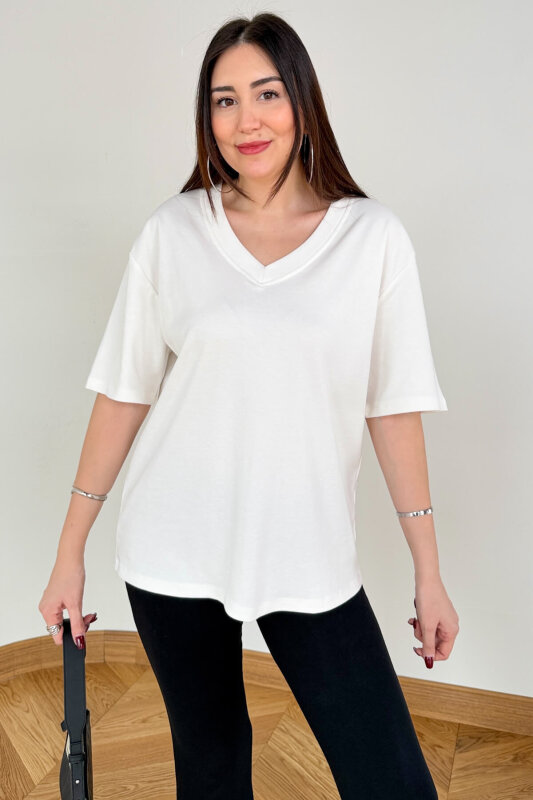 TSR-6598 Ekru V Yaka Basic Premium Organik Pamuk Tişört - 5