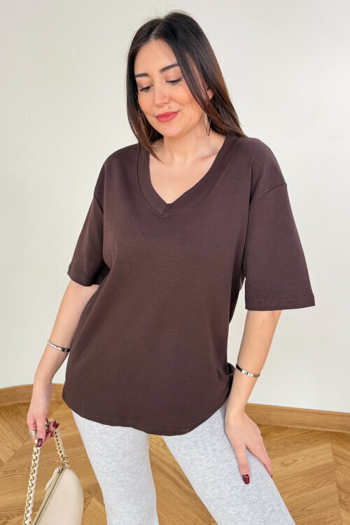 TSR-6598 Kahverengi V Yaka Basic Premium Organik Pamuk Tişört - 3
