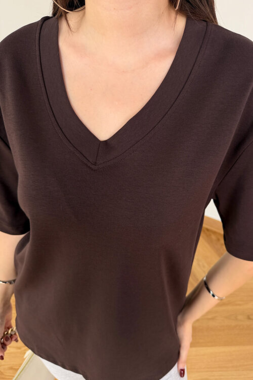 TSR-6598 Kahverengi V Yaka Basic Premium Organik Pamuk Tişört - 5