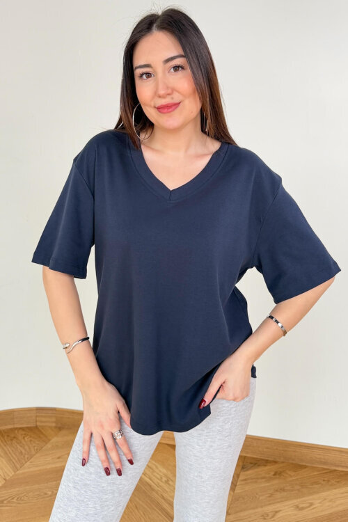 TSR-6598 Lacivert V Yaka Basic Premium Organik Pamuk Tişört - 4