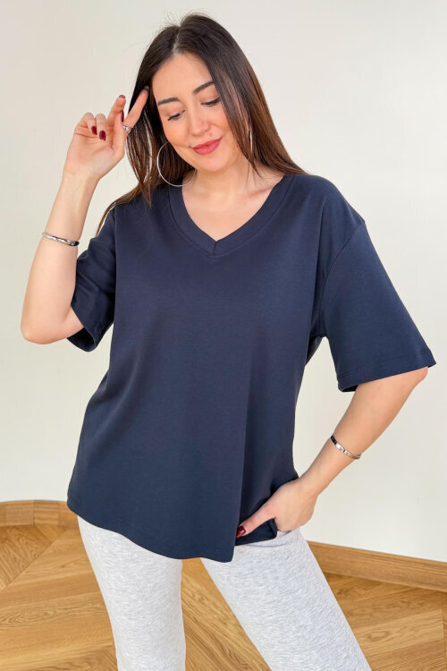 TSR-6598 Lacivert V Yaka Basic Premium Organik Pamuk Tişört 