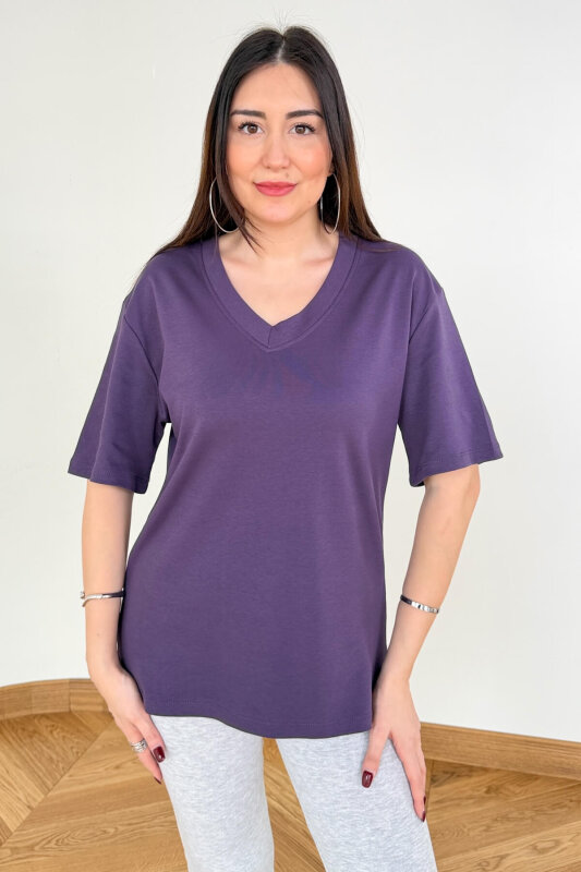 TSR-6598 Mor V Yaka Basic Premium Organik Pamuk Tişört - 4