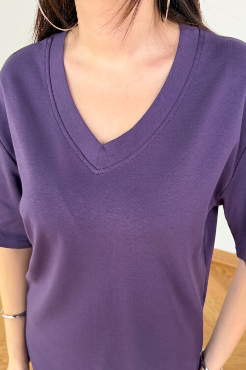 TSR-6598 Mor V Yaka Basic Premium Organik Pamuk Tişört - 5