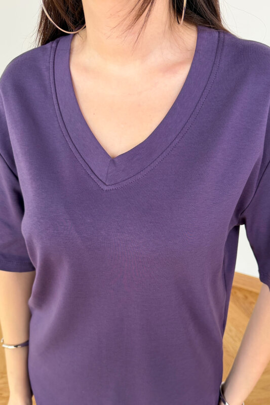 TSR-6598 Mor V Yaka Basic Premium Organik Pamuk Tişört - 5