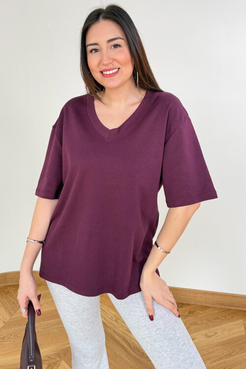 TSR-6598 Mürdüm V Yaka Basic Premium Organik Pamuk Tişört  - 3