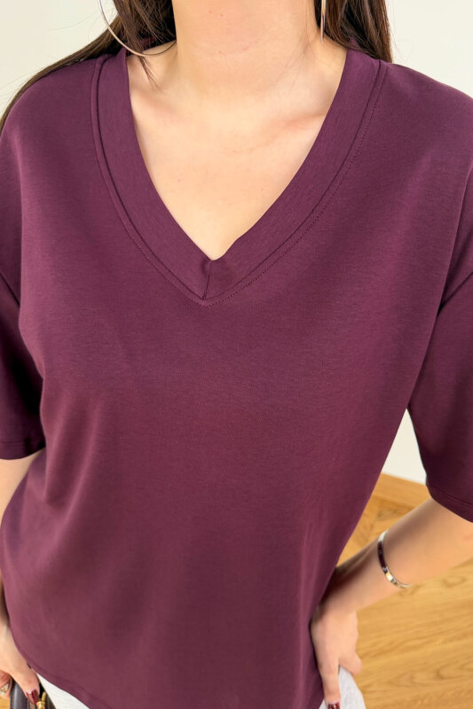 TSR-6598 Mürdüm V Yaka Basic Premium Organik Pamuk Tişört  - 4