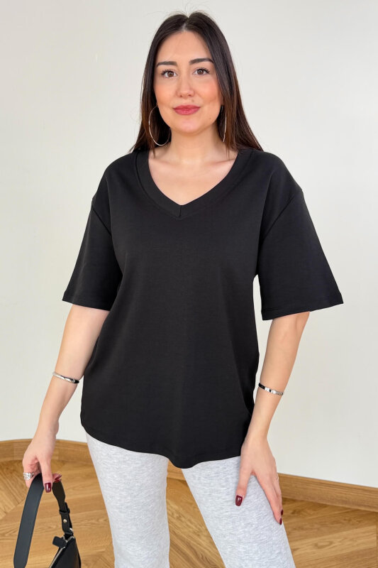 TSR-6598 Siyah V Yaka Basic Premium Organik Pamuk Tişört - 3