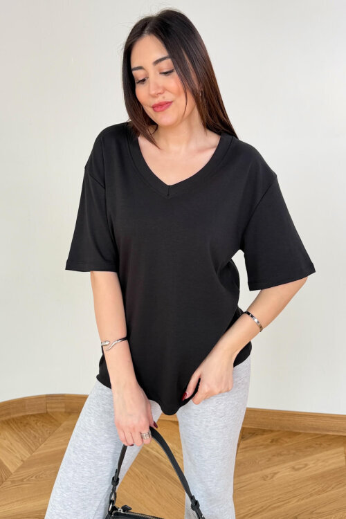 TSR-6598 Siyah V Yaka Basic Premium Organik Pamuk Tişört - 1