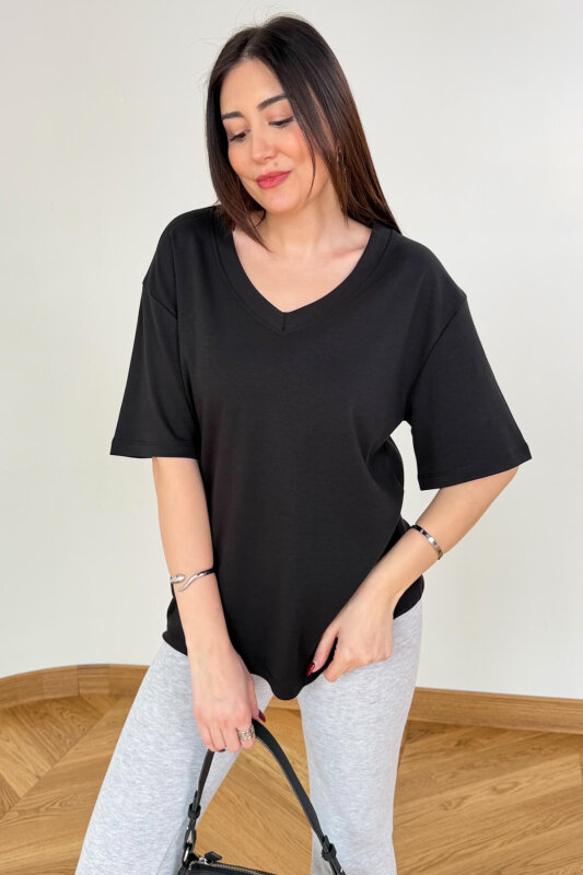 TSR-6598 Siyah V Yaka Basic Premium Organik Pamuk Tişört - 1