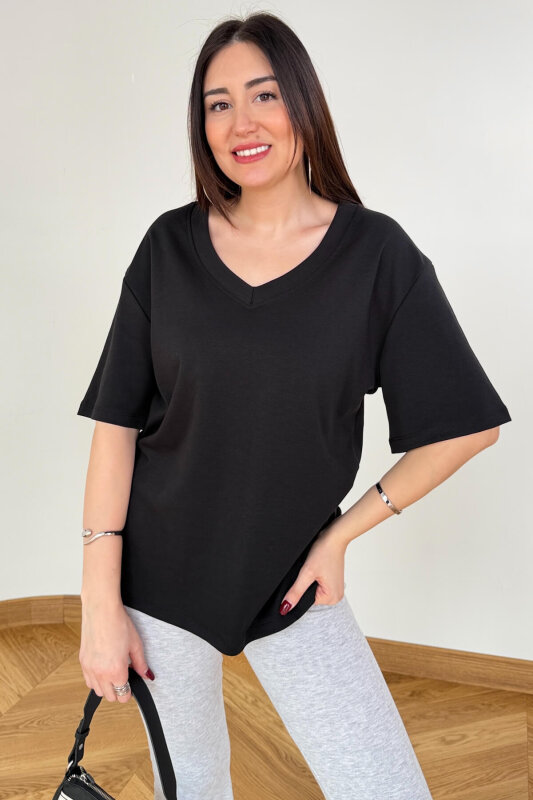 TSR-6598 Siyah V Yaka Basic Premium Organik Pamuk Tişört - 4