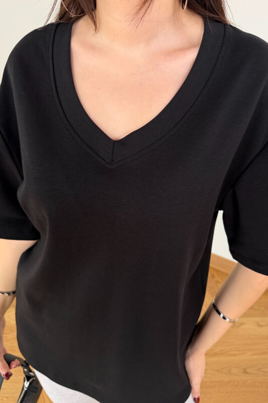 TSR-6598 Siyah V Yaka Basic Premium Organik Pamuk Tişört - 2