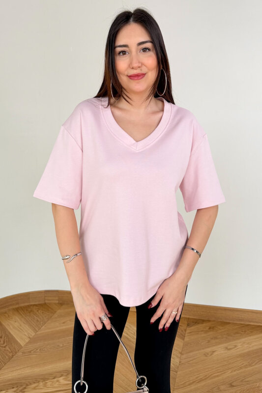 TSR-6598 Toz Pembe V Yaka Basic Premium Organik Pamuk Tişört  - 2