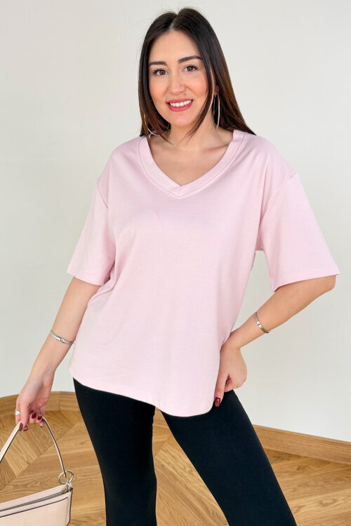 TSR-6598 Toz Pembe V Yaka Basic Premium Organik Pamuk Tişört  - 4