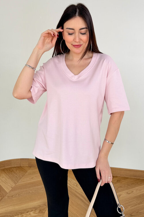 TSR-6598 Toz Pembe V Yaka Basic Premium Organik Pamuk Tişört  