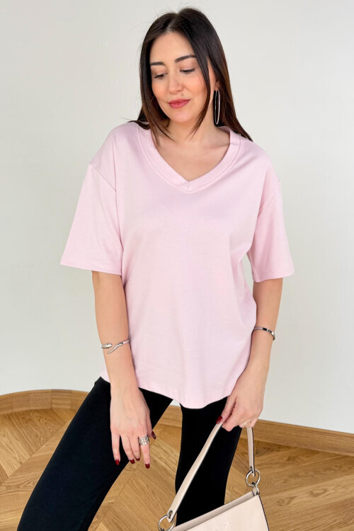 TSR-6598 Toz Pembe V Yaka Basic Premium Organik Pamuk Tişört  - 5