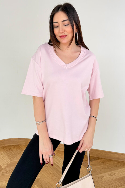 TSR-6598 Toz Pembe V Yaka Basic Premium Organik Pamuk Tişört  - 5