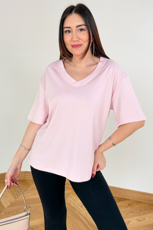 TSR-6598 Toz Pembe V Yaka Basic Premium Organik Pamuk Tişört  - 6