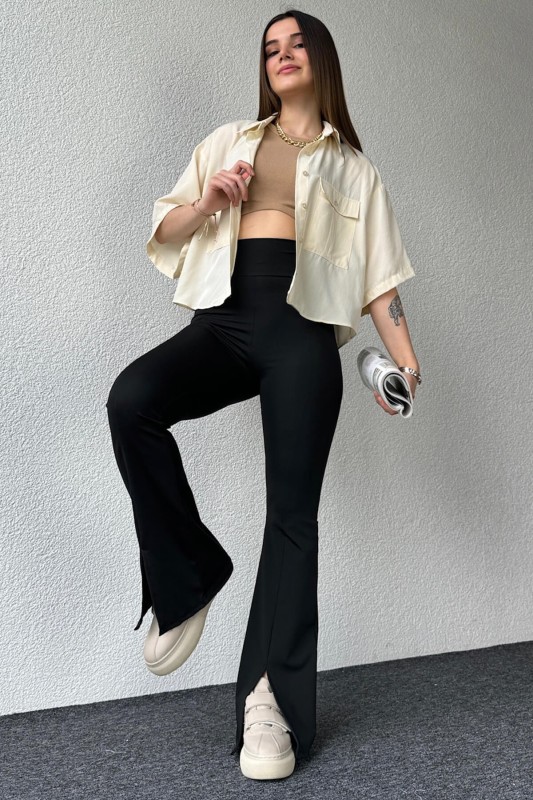 TYT-15039 Siyah Yırtmaç Detay Çimalı Dalgıç Kumaş Yüksek Bel İspanyol Paça Tayt - 2