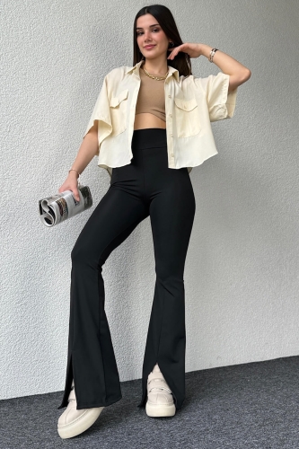 TYT-15039 Siyah Yırtmaç Detay Çimalı Dalgıç Kumaş Yüksek Bel İspanyol Paça Tayt - 5