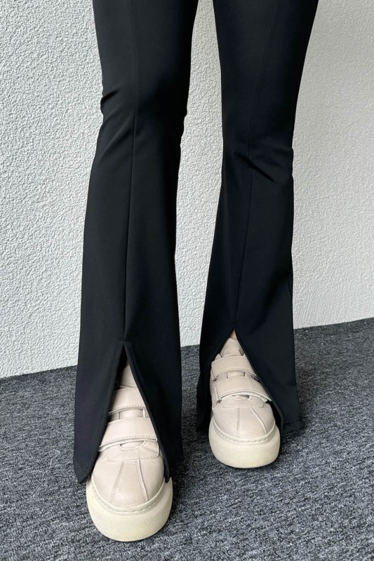 TYT-15039 Siyah Yırtmaç Detay Çimalı Dalgıç Kumaş Yüksek Bel İspanyol Paça Tayt - 6