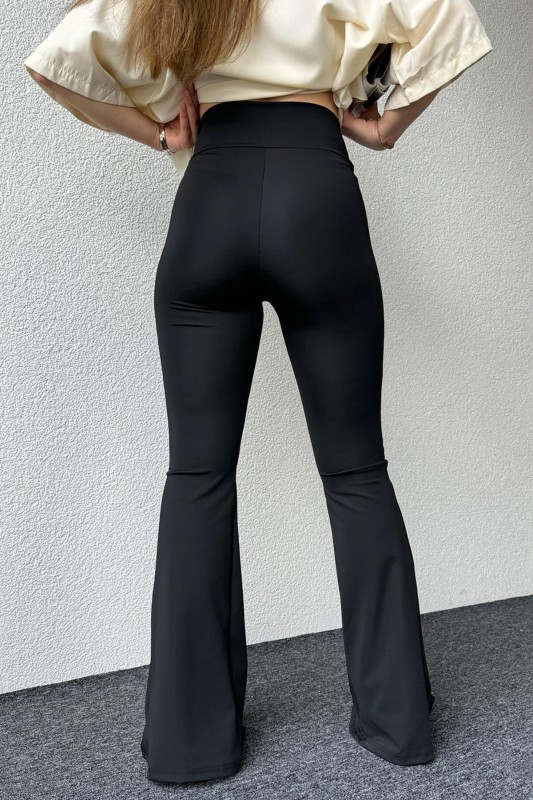 TYT-15039 Siyah Yırtmaç Detay Çimalı Dalgıç Kumaş Yüksek Bel İspanyol Paça Tayt - 8