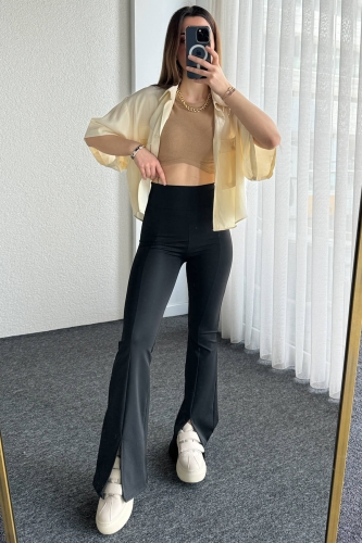 TYT-15039 Siyah Yırtmaç Detay Çimalı Dalgıç Kumaş Yüksek Bel İspanyol Paça Tayt - 3