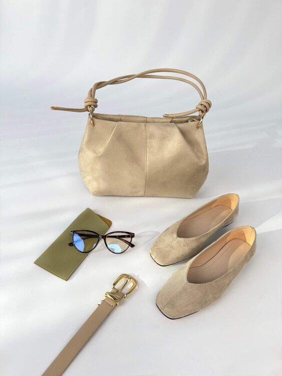 Velora Serisi Bej Süet Babet-Çanta-Kemer-Gözlük Seti