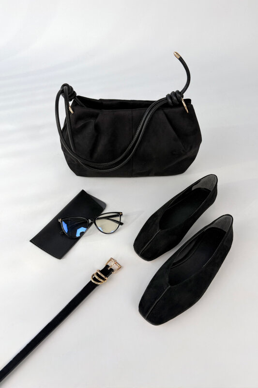 Velora Serisi Siyah Süet Babet-Çanta-Kemer-Gözlük Seti - 1