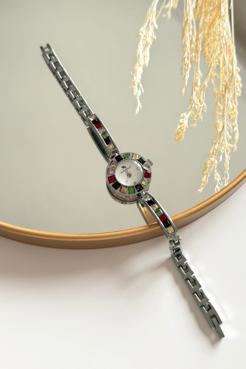 Verina Renkli Taşlı Yuvarlak Kadran Silver Çelik Tasarım Kordon Kadın Kol Saati