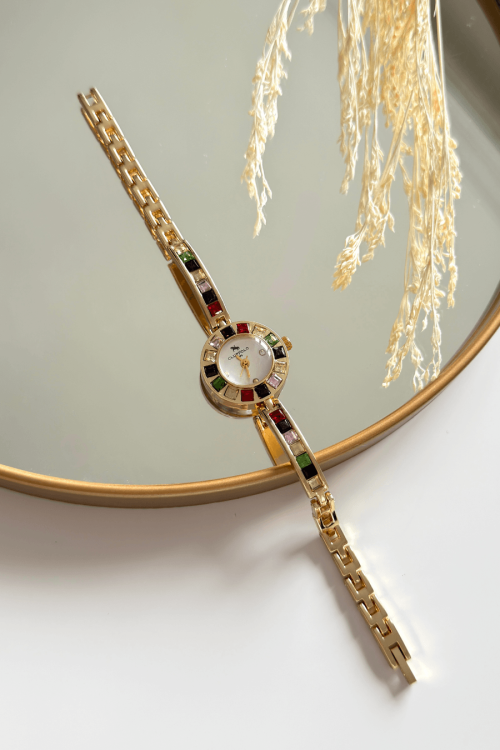 Verina Renkli Taşlı Yuvarlak Kadran Gold Çelik Tasarım Kordon Kadın Kol Saati