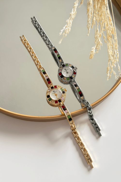 Verina Renkli Taşlı Yuvarlak Kadran Gold Çelik Tasarım Kordon Kadın Kol Saati - 2