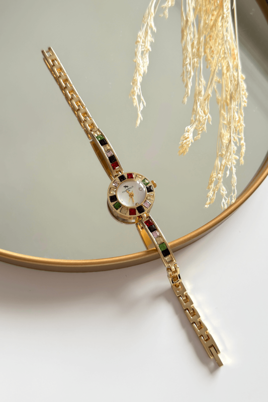 Verina Renkli Taşlı Yuvarlak Kadran Gold Çelik Tasarım Kordon Kadın Kol Saati - 1