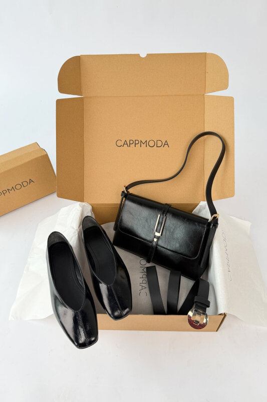 Vernis Serisi Siyah Rugan Babet-Çanta-Kemer Seti - 1