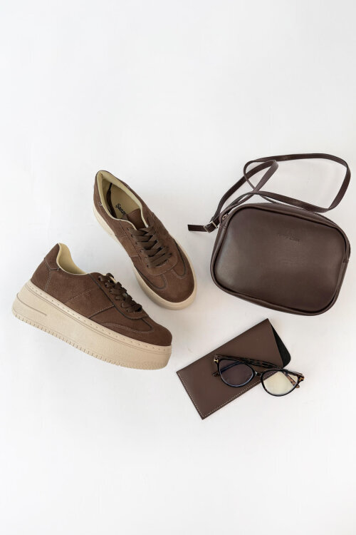 Vesper Serisi Acı Kahve Süet Dokulu Sneaker-Çanta-Gözlük Seti