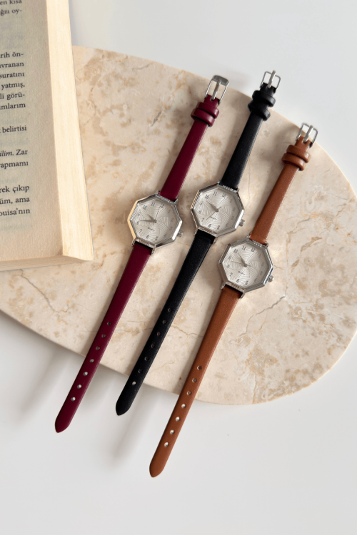 Vexa Bordo Geometrik Silver Kadran Deri Dokulu Kordon Kadın Kol Saati (1)