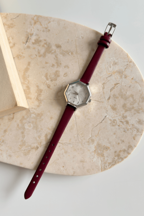 Vexa Bordo Geometrik Silver Kadran Deri Dokulu Kordon Kadın Kol Saati