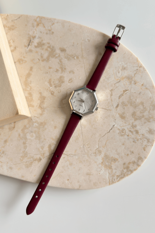 Vexa Bordo Geometrik Silver Kadran Deri Dokulu Kordon Kadın Kol Saati - 1